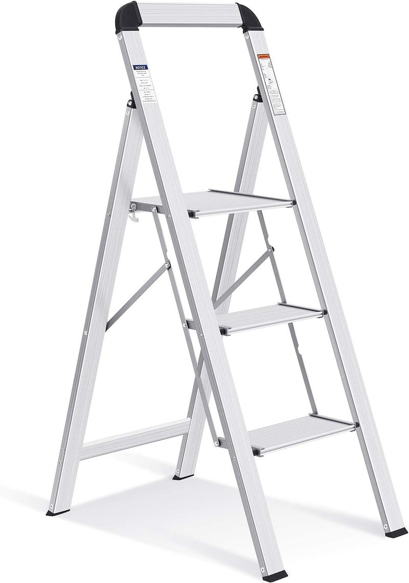 KINGRACK Aluminium 3 Step Ladder, Lightweight Step Stool with Non-Slip Pedals, Handrail, 330 LBS Foldable Step Ladder for Kitchen, Garage, Home, Space Saving, Sturdy and Portable, Silver - Image 1